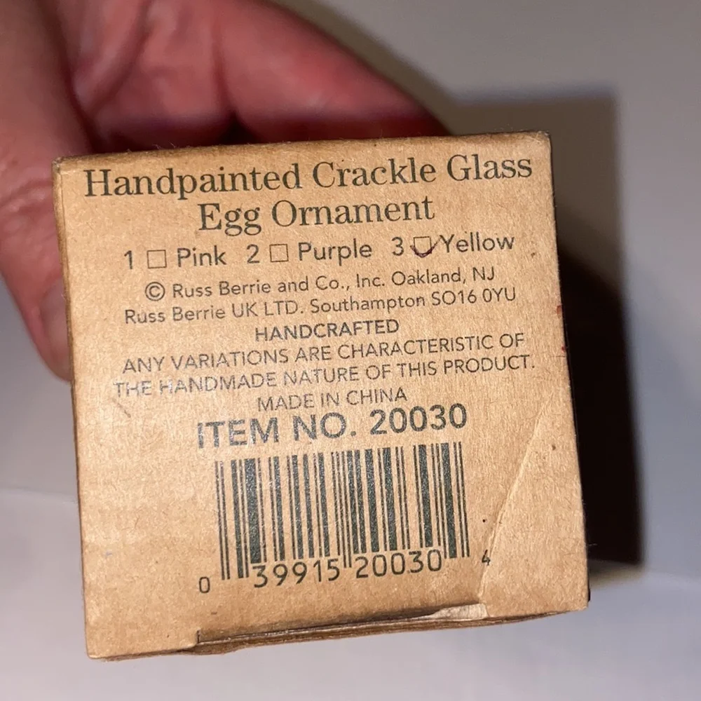 Russ Hand Painted Crackle Glass Yellow rose egg ornament with box.
